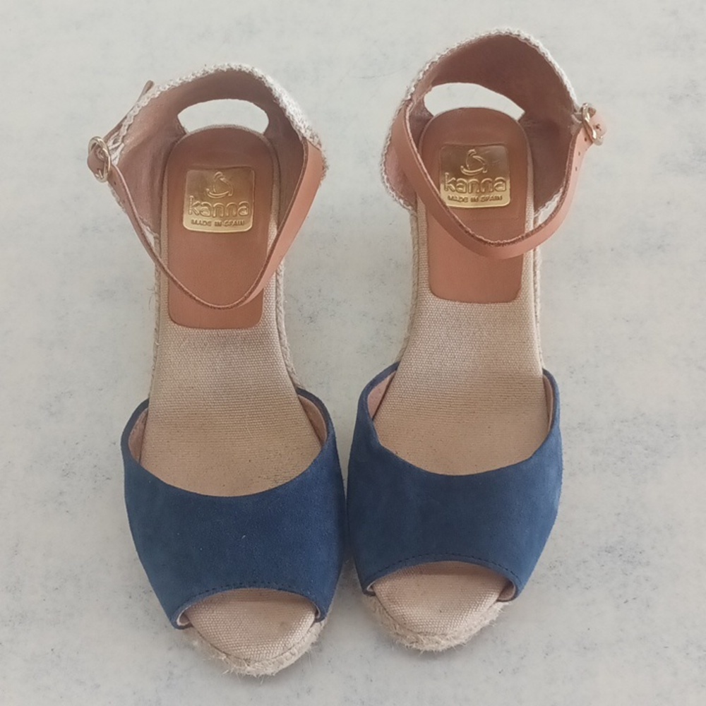 Kanna Blue tan Espadrille Wedge Heels Strappy Suede Coastal Beach Casual 38/7.5